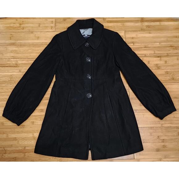 Jessica Simpson Coat Womens Large Black Wool Blend Belted Flare Peacoat Jacket - Picture 1 of 10